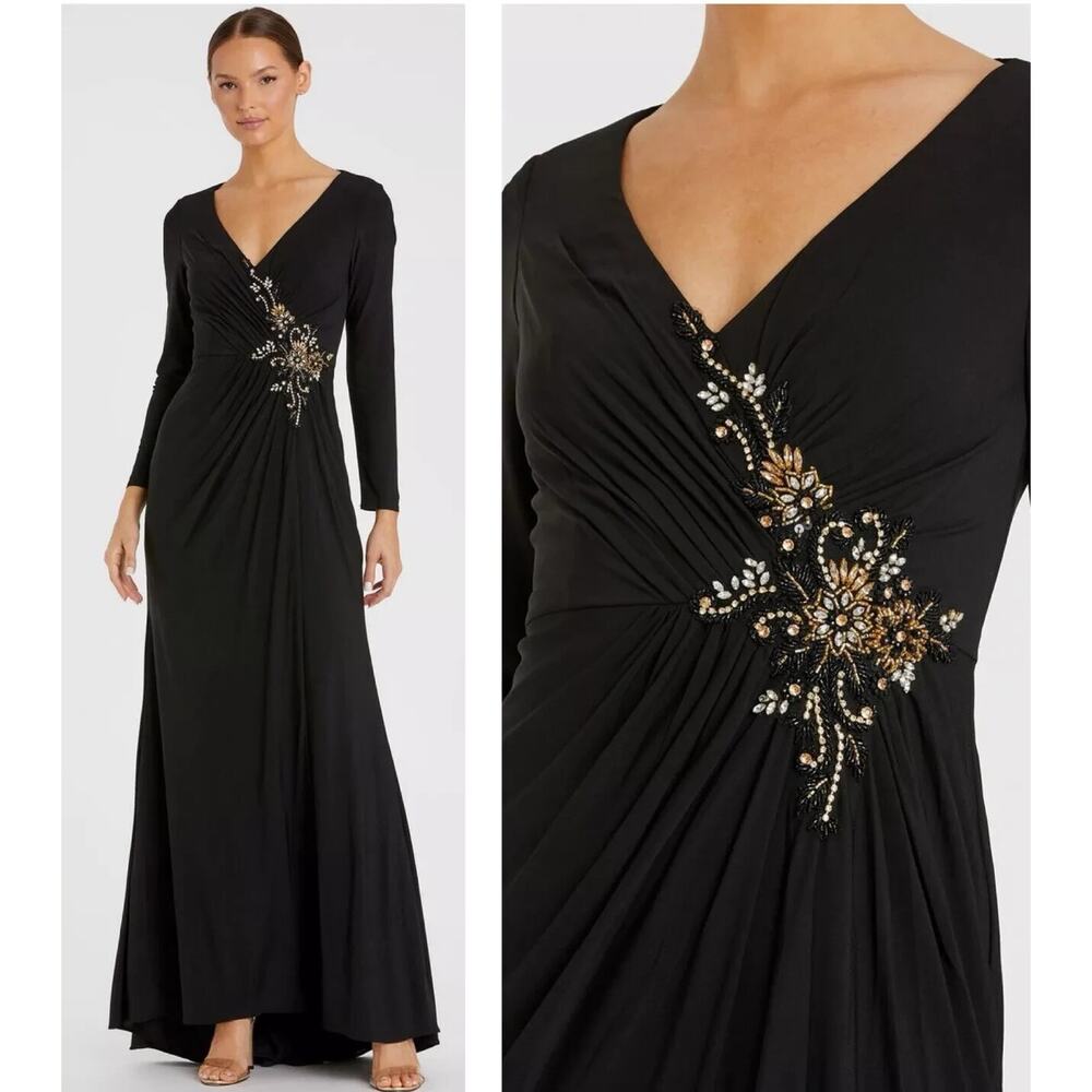 MAC DUGGAL Black 67848 FAUX WRAP LONG SLEEVE GOWN Beaded‎ APPLIQUÉ Dress